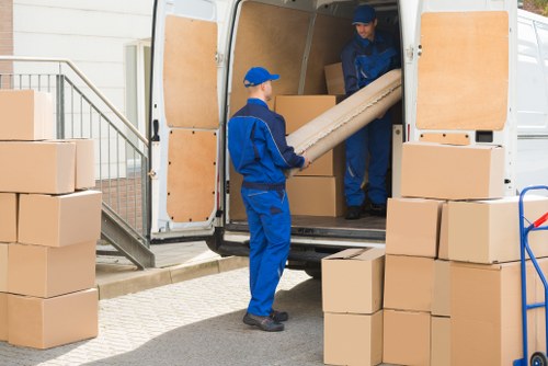 Boxes and household items arranged in a Westhampstead self storage unit